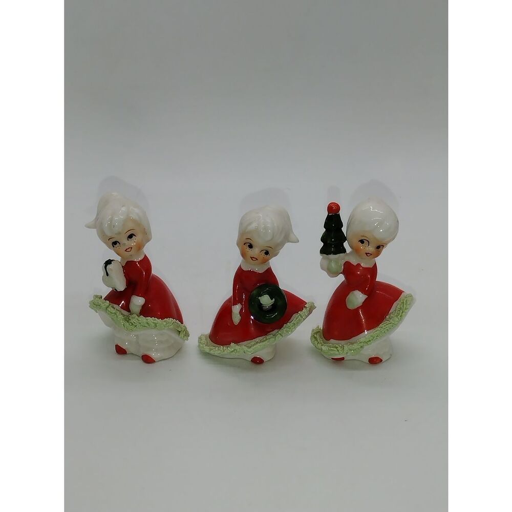 Vintage Enesco? Trio of Ceramic Carolers in Red Dresses with Spaghetti Trim